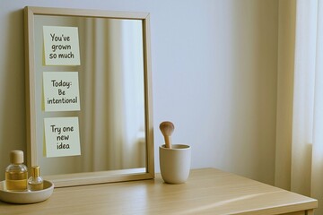 AI-powered coaching personalizes growth through smart, data-driven insights. You grown so much, today be intentional, and try one new idea are motivational notes reflected in mirror