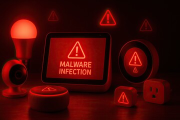 Malware exploits pose serious cybersecurity threats. Malware infection warning displayed on digital screen surrounded by various smart devices emitting red light, creating tense atmosphere