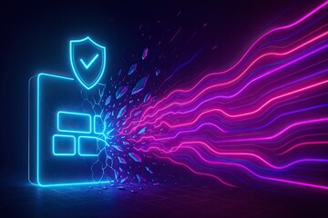 Malware exploits pose serious cybersecurity threats. Digital representation of cybersecurity with glowing shield symbolizing protection, while vibrant lines burst outward, illustrating concept