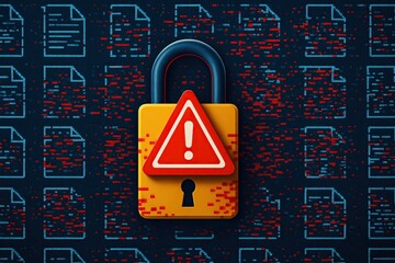 Malware exploits pose serious cybersecurity threats. Digital padlock with warning sign symbolizes cybersecurity threats, protecting data from malware and exploits