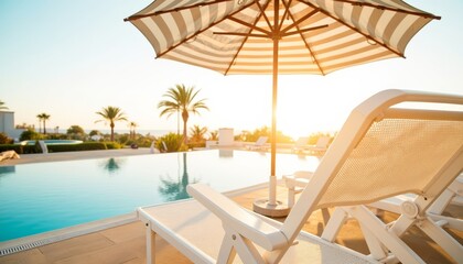 Sun loungers with umbrella by swimming pool at sunset  