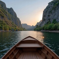 Obraz premium Travel inspiration adventure cinematic concept. A serene boat view navigating through a calm waterway surrounded by majestic mountains at sunset.