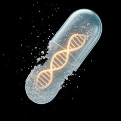 Pharmaceutical capsules deliver gene therapies with precision. Transparent capsule filled with bubbles showcases glowing DNA strand inside, symbolizing fusion of science and health