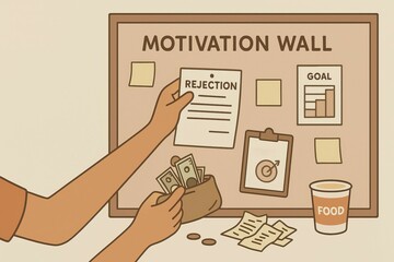 Student finance supports education through loans, grants, and aid. Motivation wall featuring rejection notice, financial goals, and coffee cup, symbolizing perseverance and ambition