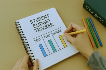 Student finance supports education through loans, grants, and aid. Student budget tracker with colorful bars for rent, food, and savings, showcasing financial planning for students