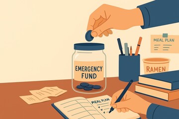 Student finance supports education through loans, grants, and aid. Person adds coins to jar labeled Emergency Fund while planning meals in notebook, reflecting financial responsibility and budgeting