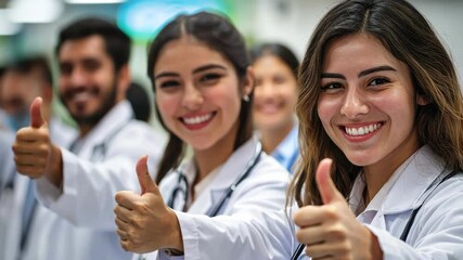 Smiling group of people, diverse medical staff giving thumbs up, healthcare success. - Powered by Adobe