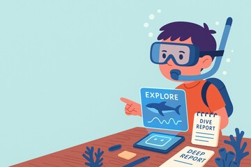 A virtual field trip offers immersive, educational experiences online. Child in snorkeling gear pointing at screen, excited about marine exploration. dive report and coral illustrations enhance scene