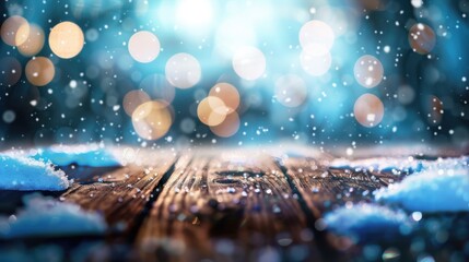 Snowy scene with wooden table, blue bokeh lights, and falling snow, ideal for seasonal ads and New Year promotions