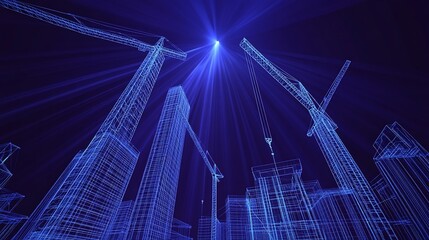 Abstract construction site, wireframe city buildings, cranes, digital rendering
