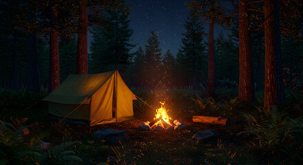 Enchanted Forest Campsite Nighttime Fire and Tent