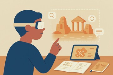 A virtual field trip offers immersive, educational experiences online. Virtual reality experience with person exploring ancient ruins, using tablet and taking field notes