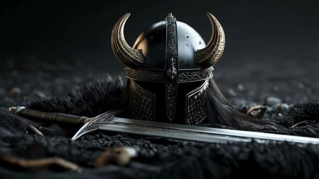 knight or viking helmet with horns and sword on the dark background