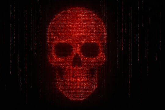 Malware exploits pose serious cybersecurity threats. Digital skull design with binary code, representing cybersecurity threats and malware. glowing red color evokes sense of danger and urgency