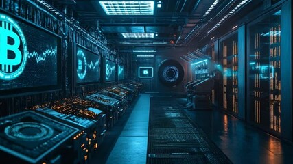 Futuristic Bitcoin Mining Lab with Neon Lights and Data Servers - Powered by Adobe