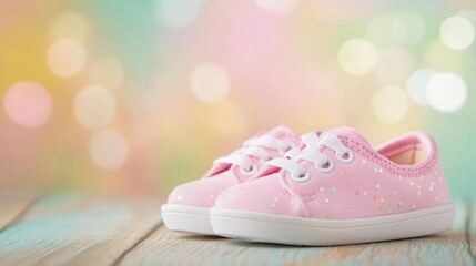 Cute pink shoes on a wooden surface with a colorful blurred background