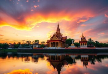 Naklejka premium Sunset over ornate Thai temple reflected in calm river, vibrant colors, paper cut style, holiday, iconic