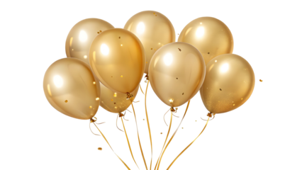 A bunch of golden balloons floating with attached strings against a black colored background space around them