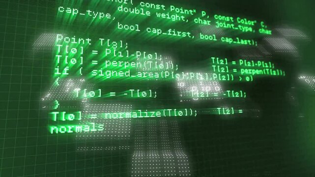 Floating green code activating on 3D grid with cubes, scrolling revealing class, struct and logic