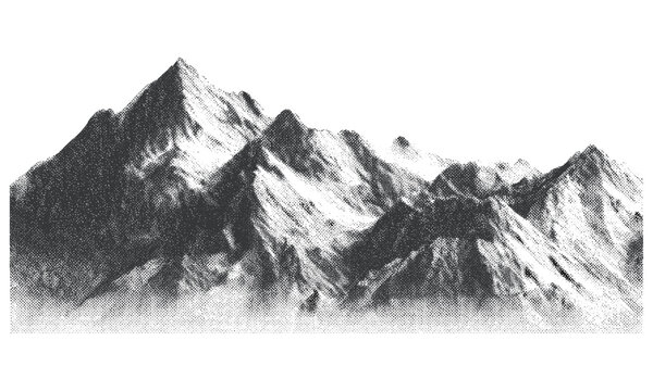 Abstract stippled hills, grunge mountain texture, snowy landscape chain, vintage halftone effect, grainy noise overlay, retro mount scenery, vector illustration, outdoor nature theme.