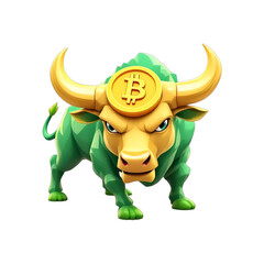 Green bull with gold Bitcoin coin and horns, crypto investment concept.