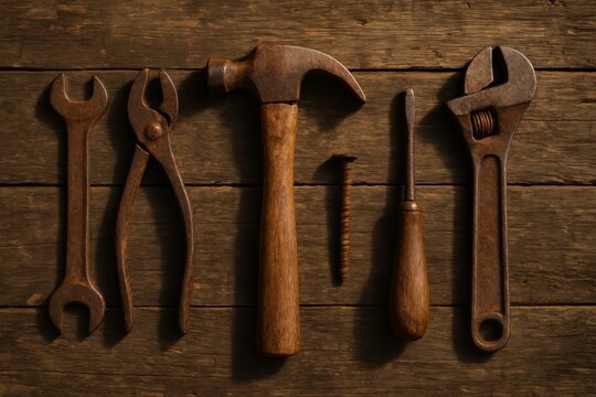 Arrangement of vintage tools on a wooden surface in a workshop scene