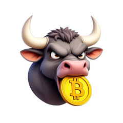 Cartoon bull with bitcoin in mouth. Cryptocurrency, finance, investment, bullish market.