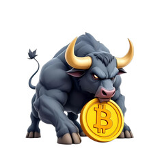 Aggressive cartoon bull holding Bitcoin cryptocurrency coin in its mouth investment concept.