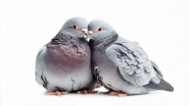 A pair of affectionate doves embracing each other on white background 