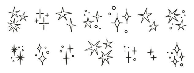 Stars crayon hand drawn set. Magic twinkle icons. Shine, spark, or light chalk elements. Sketches of various sparkles. Doodle glitter sparks. Vector illustration