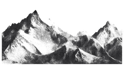 Stippled mountain range, abstract grunge texture, snowy hill chain, vintage photocopy effect, halftone pattern, grainy noise, retro style, vector illustration, nature landscape art.