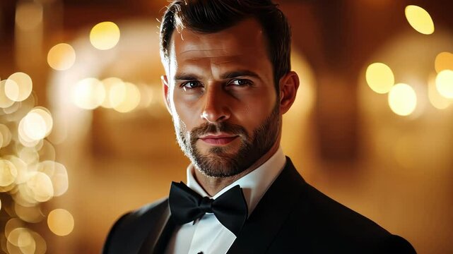 Portrait of one handsome man in tuxedo with bow tie, looking at camera with golden bokeh lights in background.
