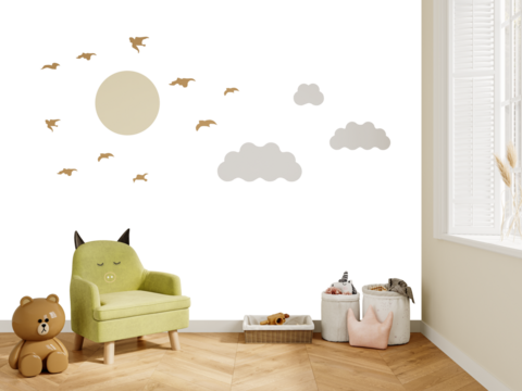 Cute Nursery PNG Mockup with Cloud and Sun Decals – Transparent Wall for Kids Artwork – 3D render