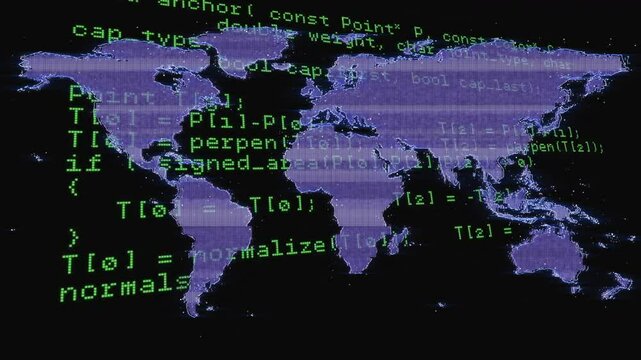 Opening purple-blue world map green code scrolling into dotted mesh showing cyber-geospatial link