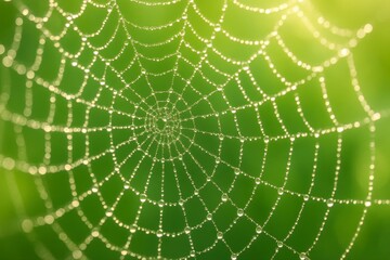 Obraz premium A spiderweb covered in dewdrops against a blurred green background