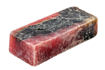 Rhodonite Gemstone Rough Slab Macro Shot Close Up on Black Background Natural Red Black Stone on transparent background