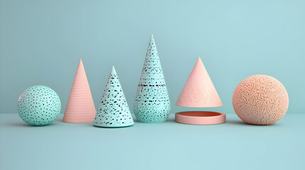 Pastel Geometric Shapes Composition On Light Teal Background