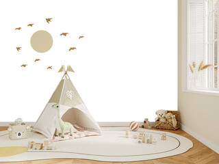 Playroom Wall PNG Mockup with Teepee Tent, Toys and Sun Decal – Transparent Wall for Poster or Sticker Art – 3D render