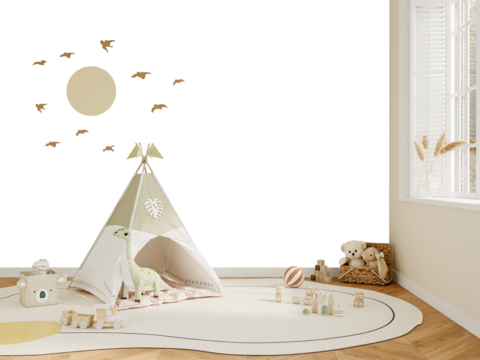 Playroom Wall PNG Mockup with Teepee Tent, Toys and Sun Decal – Transparent Wall for Poster or Sticker Art – 3D render - Powered by Adobe