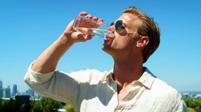 A young Caucasian man with blond hair and sunglasses stands outdoors and drinking water from the glass. He wears a light-colored shirt and appears relaxed.