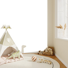 Teepee Tent Playroom PNG Mockup with Toys and Plush Dinosaur – Wall Removed for Artwork Placement...