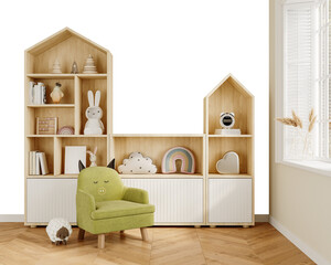 Kids Room PNG Mockup with Play Chair and House-Shaped Storage – Transparent Wall Background –...