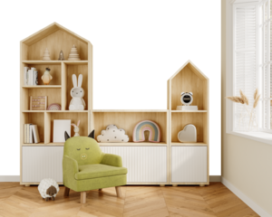 Kids Room PNG Mockup with Play Chair and House-Shaped Storage – Transparent Wall Background – 3D render