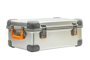 Aluminum Case Metal Tool Box Silver Briefcase Orange Handle Luggage Modern Storage Security on transparent background