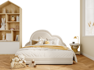Kids Bedroom PNG Mockup with Cloud-Shaped Bed and Teddy Bears – Transparent Wall Background – 3D render