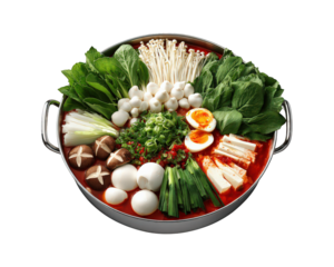Vibrant spicy Korean hotpot filled with array of fresh vegetables, mushrooms, eggs, and tofu, showcasing colorful and appetizing presentation. This dish is perfect for sharing and enjoying with