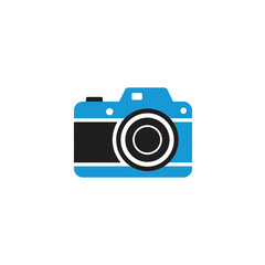 Camera Icon in Blue and Black Flat Design Style on White Background