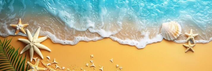 Summer beach scene from above with ocean waves, perfect for use in banners or seasonal promotions