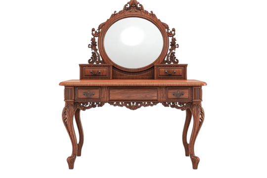 Vintage Wooden Vanity Table with Mirror and Drawers Ornate Dressing Table Decorative Carvings on transparent background