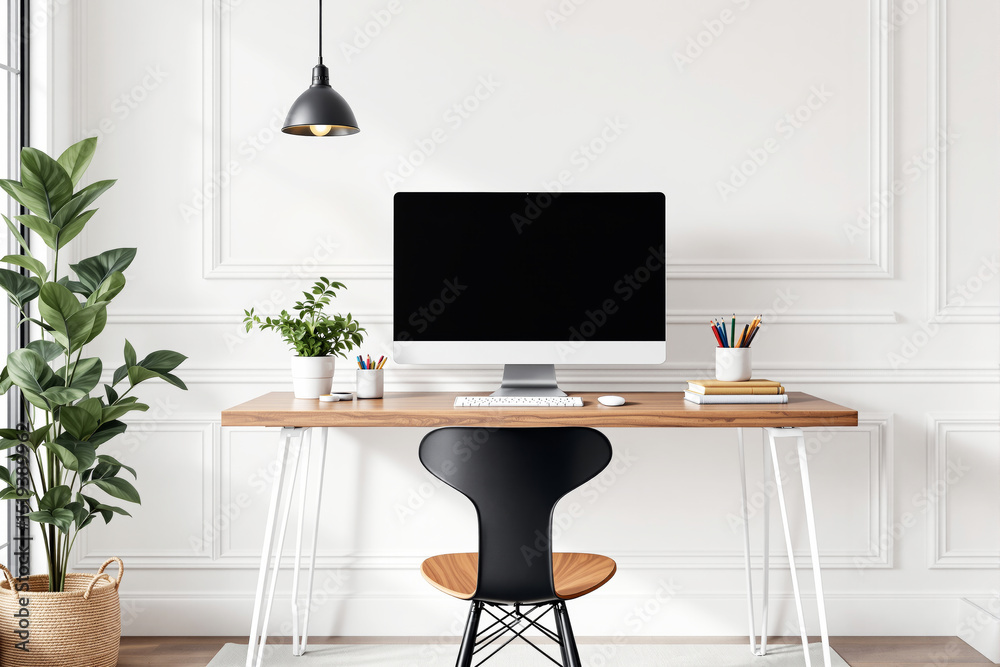 Poster modern workspace with computer on wooden desk in bright interior.